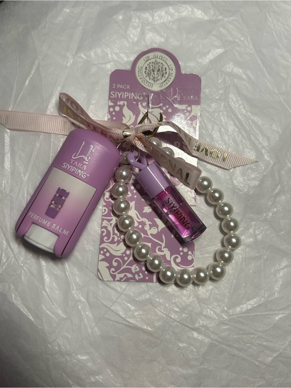 Yara Siyiping 3pkpurple perfume balm& hydrating lip gloss,wristband&charm NWT